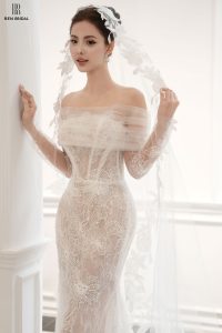 VÁY CƯỚI DÁNG ĐUÔI CÁ REN TAY DÀI TRỄ VAI LU554-LUXURY